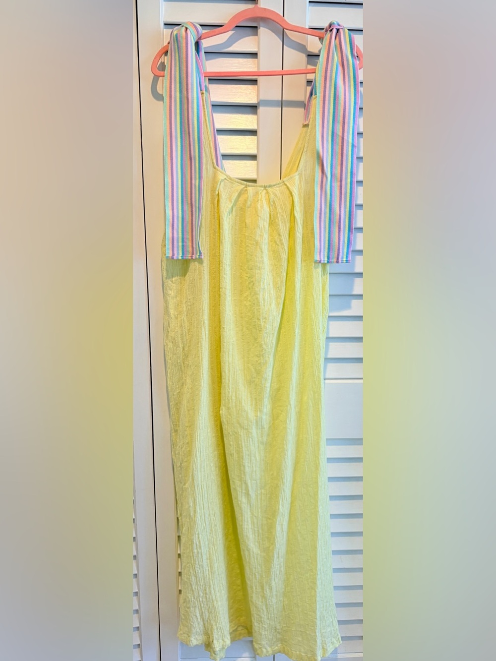 Pitusa Dress Gauzey Ribbon Tie Shoulders Midi Sundress Yellow Pastel Rainbow PS - Picture 6 of 8